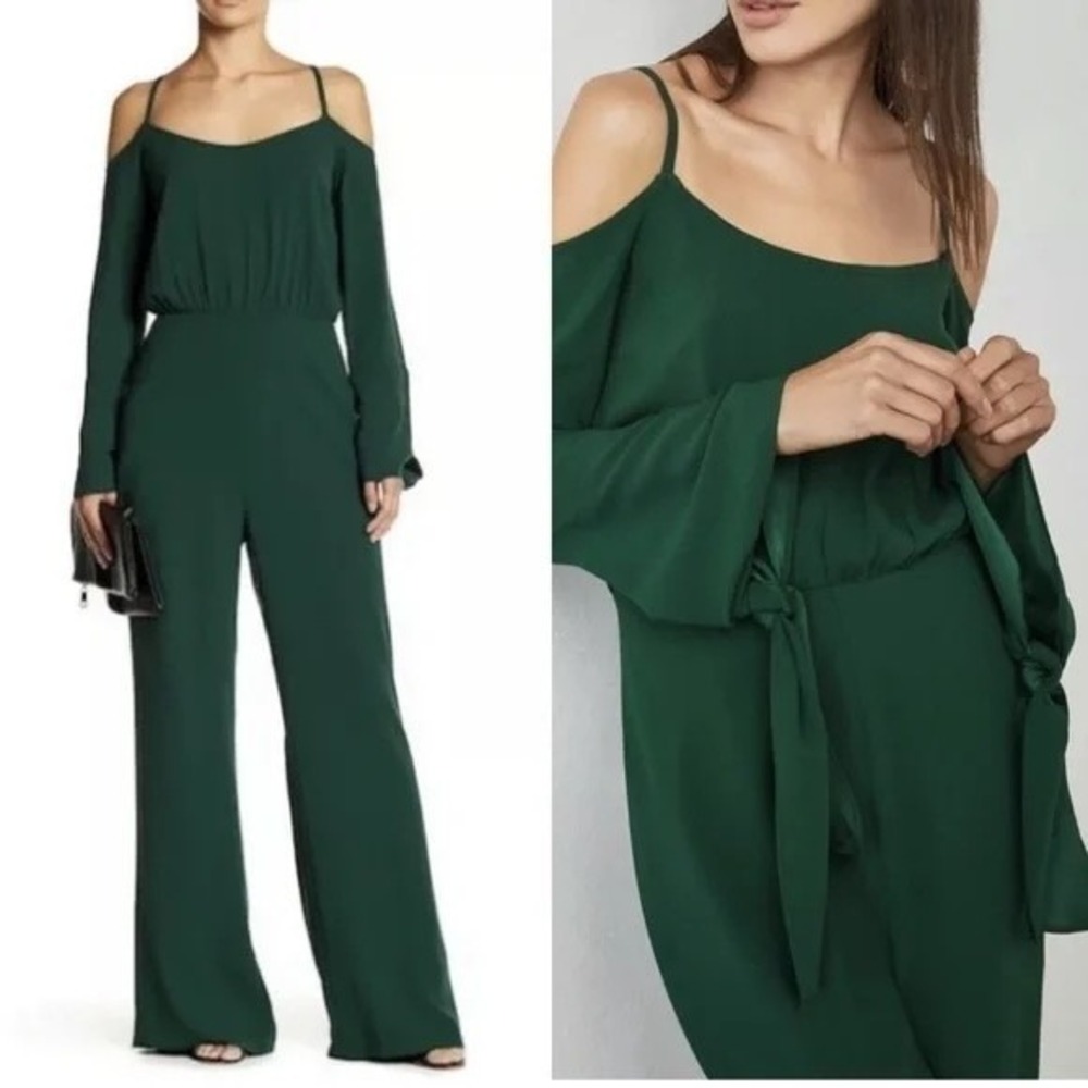 BCBGMAXAZRIA Jordane Jumpsuit‎ Womens S Green Cold Shoulder Tie Sleeve Wide Leg